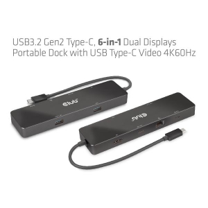 CLUB3D USB3.2 Gen2 Type-C, 6-in-1 Dual Displays Portable Dock with USB Type-C Video 4K60Hz